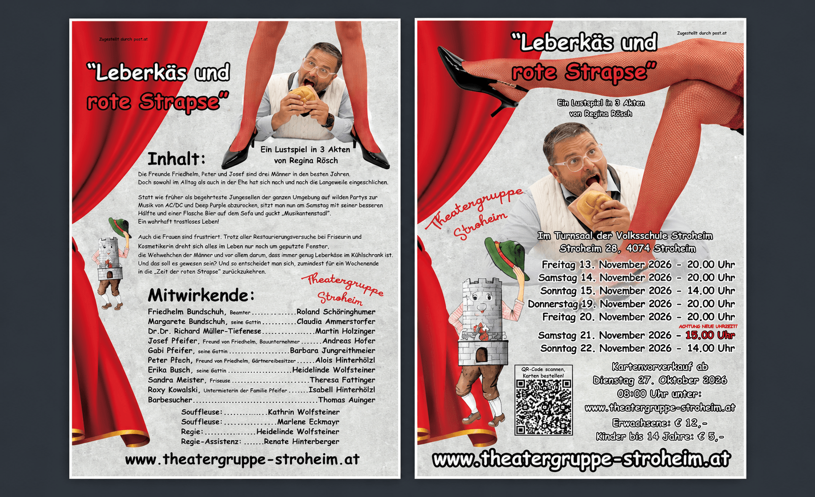 Flugblatt zum Theaterstück Leberkäs und rote Strapse der Theatergruppe Stroheim 2026